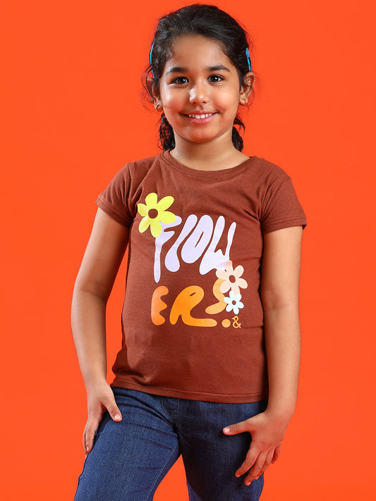 Girls Brown Lycra Printed Slim Fit T-shirt