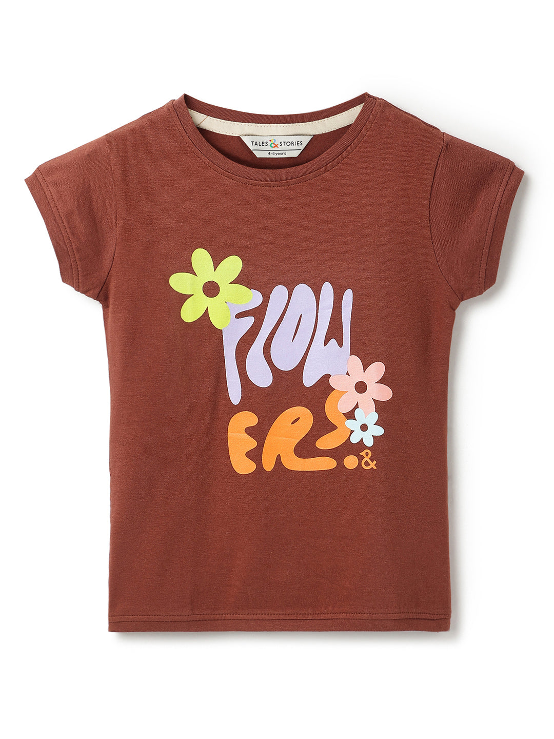 Girls Brown Lycra Printed Slim Fit T-shirt