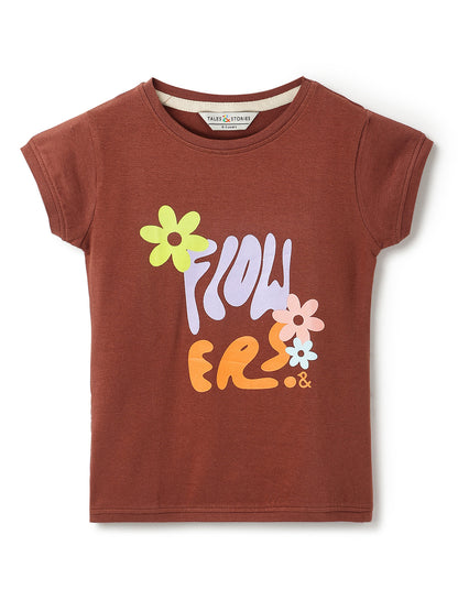 Girls Brown Lycra Printed Slim Fit T-shirt