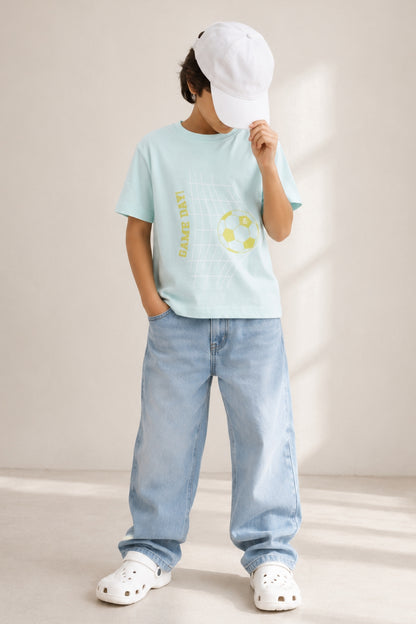 Boys Sky Blue 100% Cotton Printed T-shirt