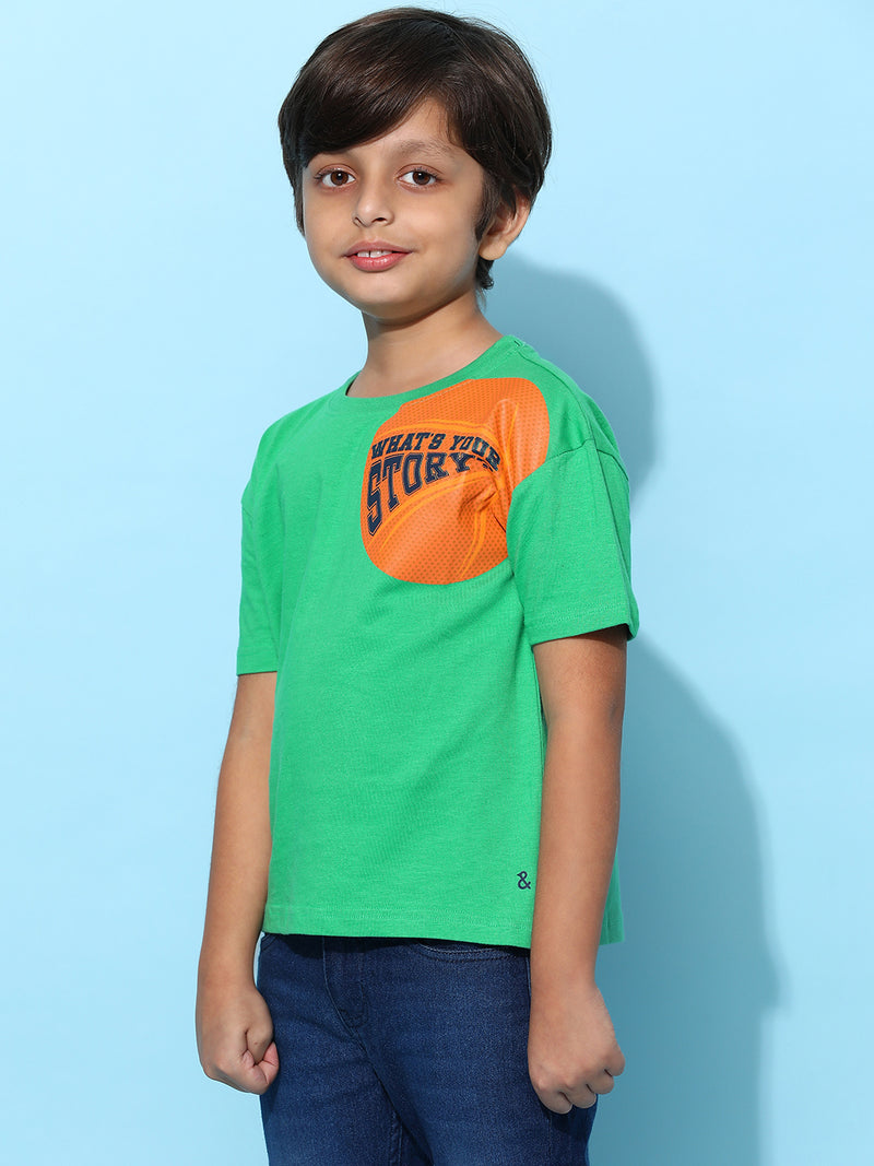 Boys Green 100% Cotton Printed T-shirt