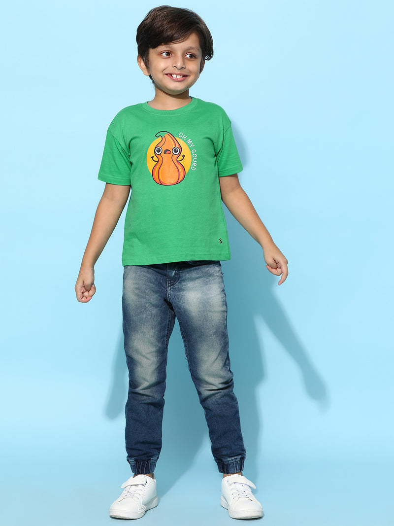 Boys Green 100% Cotton Printed T-shirt