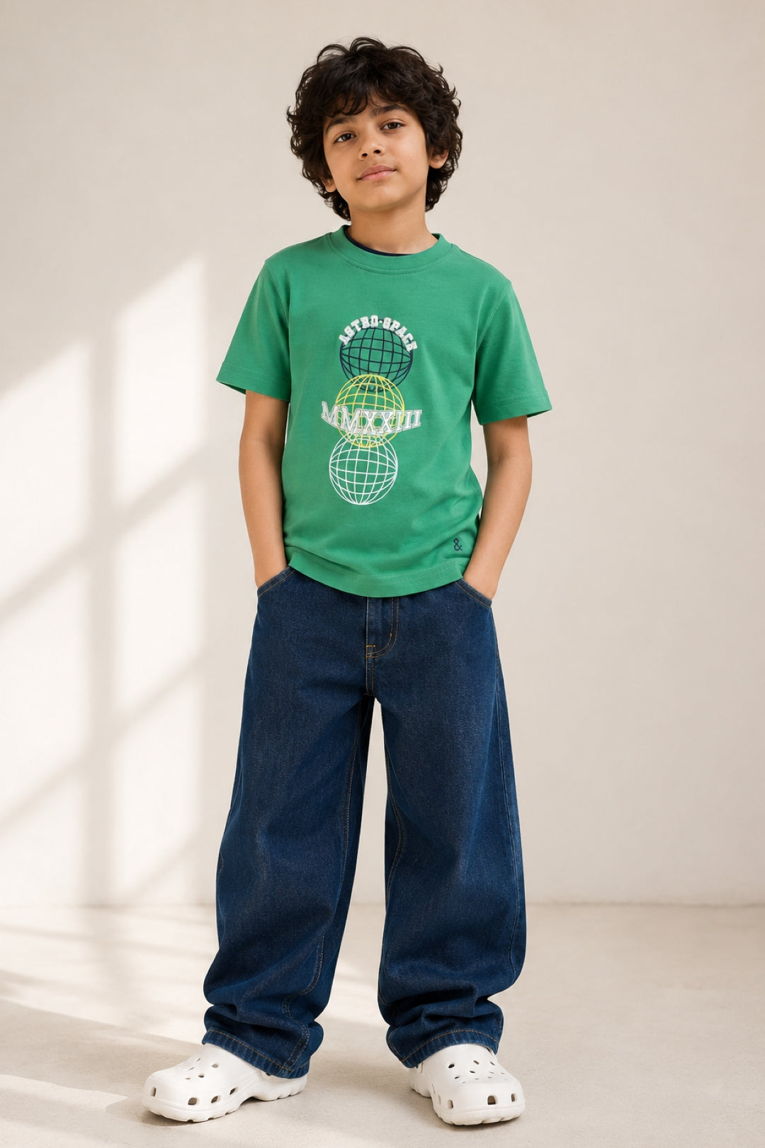 Boys Green 100% Cotton Printed T-shirt