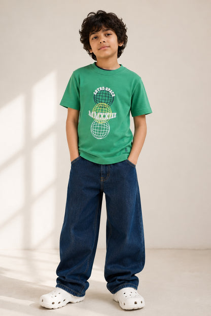 Boys Green 100% Cotton Printed T-shirt