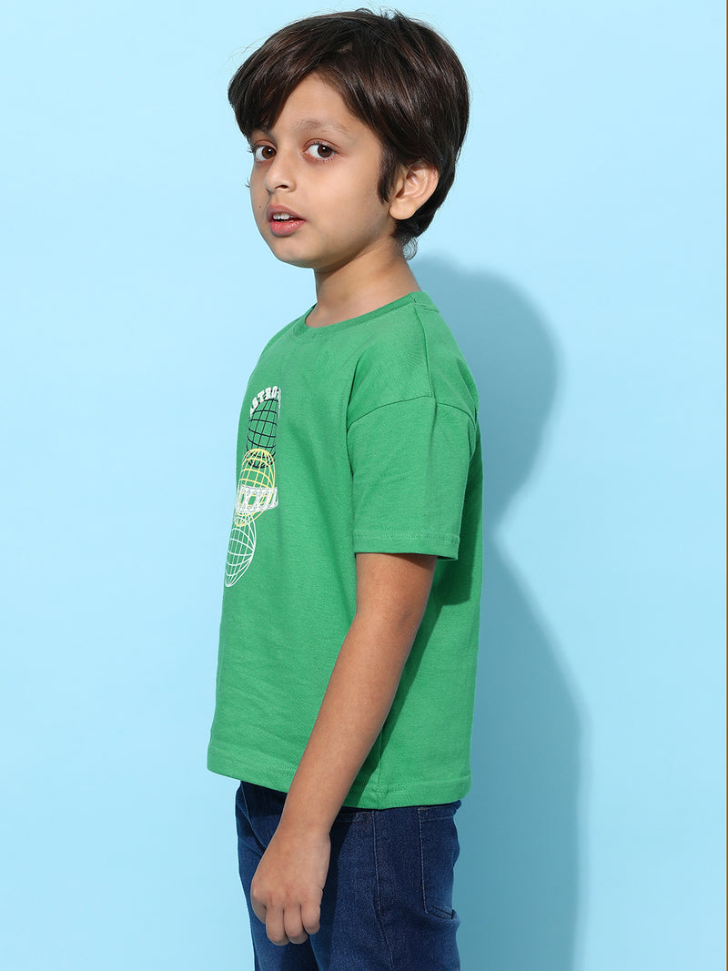 Boys Green 100% Cotton Printed T-shirt