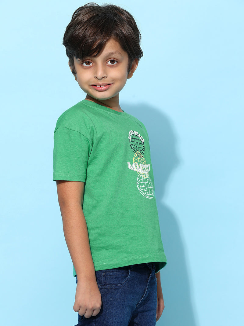 Boys Green 100% Cotton Printed T-shirt