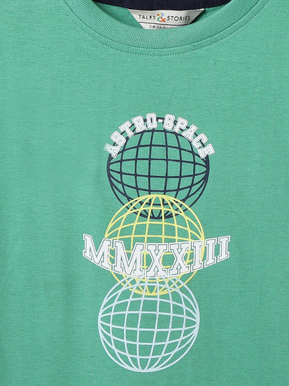 Boys Green 100% Cotton Printed T-shirt