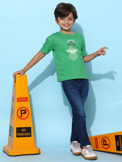 Boys Green 100% Cotton Printed T-shirt