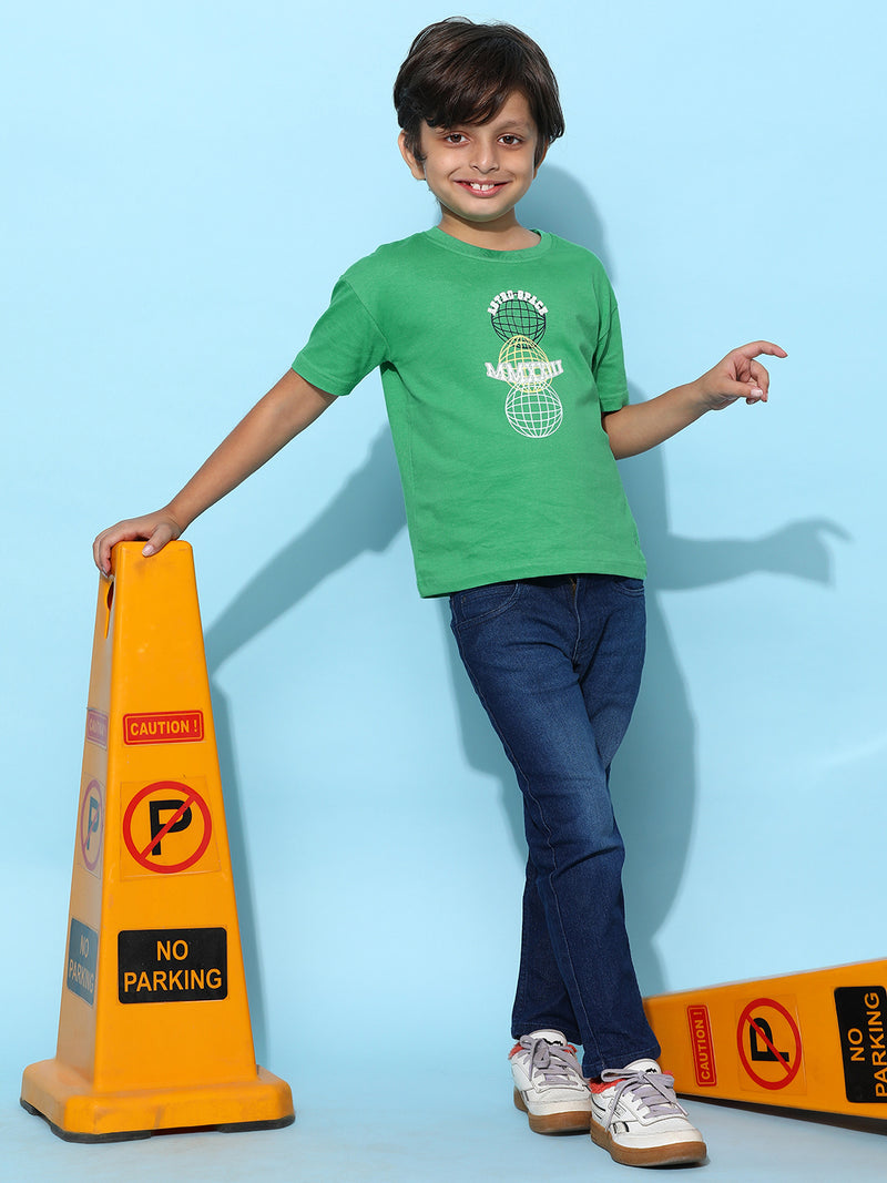 Boys Green 100% Cotton Printed T-shirt