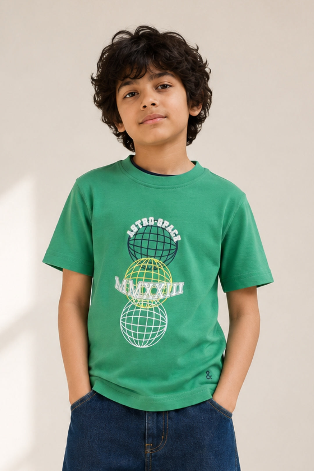 Boys Green 100% Cotton Printed T-shirt