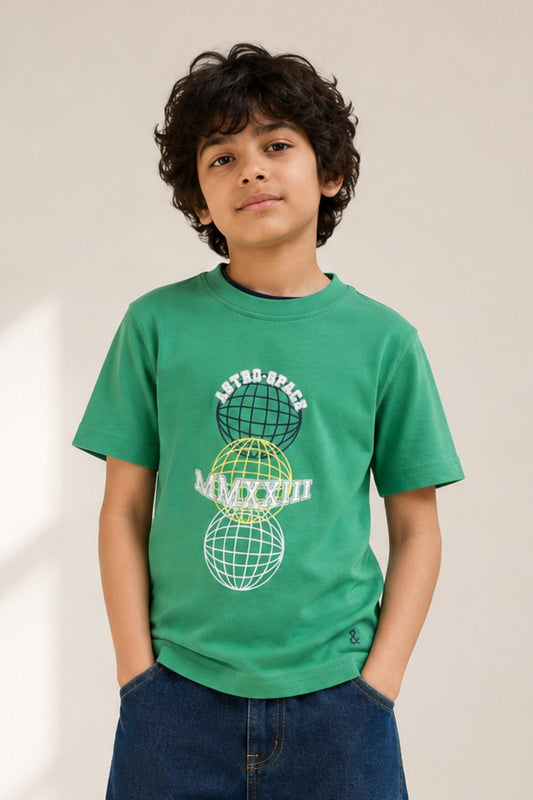 Boys Green 100% Cotton Printed T-shirt