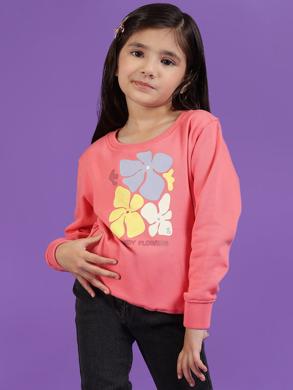 Girls Pink Floral Printed Sweatshirt