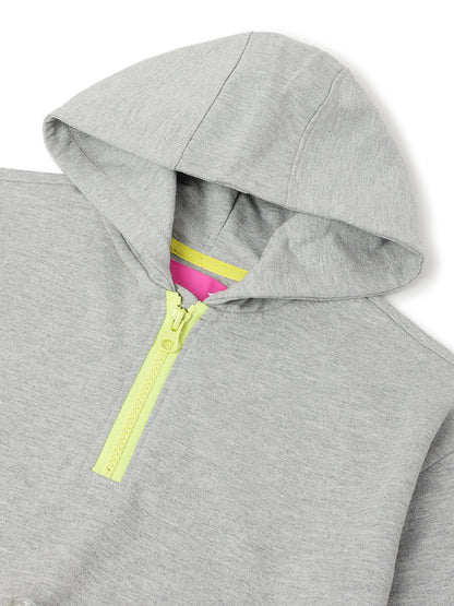 Girls Cotton Poly Grey Printed Oversized Hoodie Sweatshirt