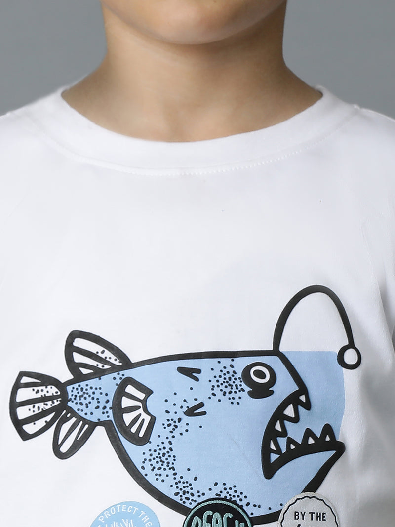 Boys White Printed T-Shirt