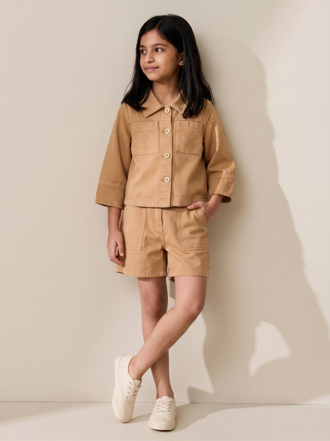 Girls Mustard Cotton Solid Co-ords Set