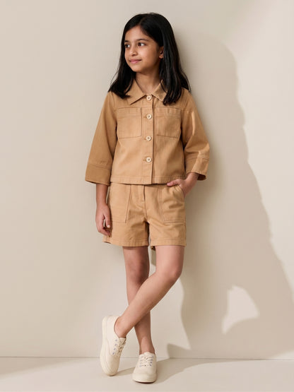 Girls Mustard Cotton Solid Co-ords Set