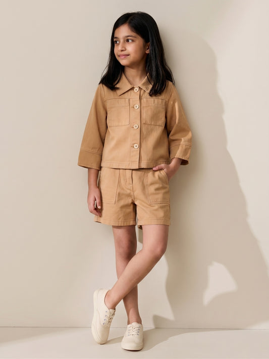 Girls Mustard Cotton Solid Co-ords Set