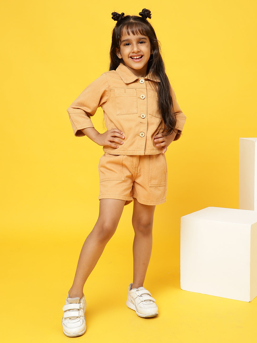Girls Mustard Cotton Solid Co-ords Set