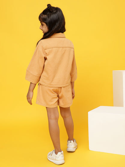 Girls Mustard Cotton Solid Co-ords Set