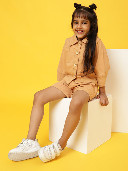 Girls Mustard Cotton Solid Co-ords Set