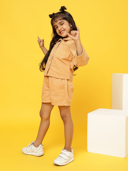 Girls Mustard Cotton Solid Co-ords Set