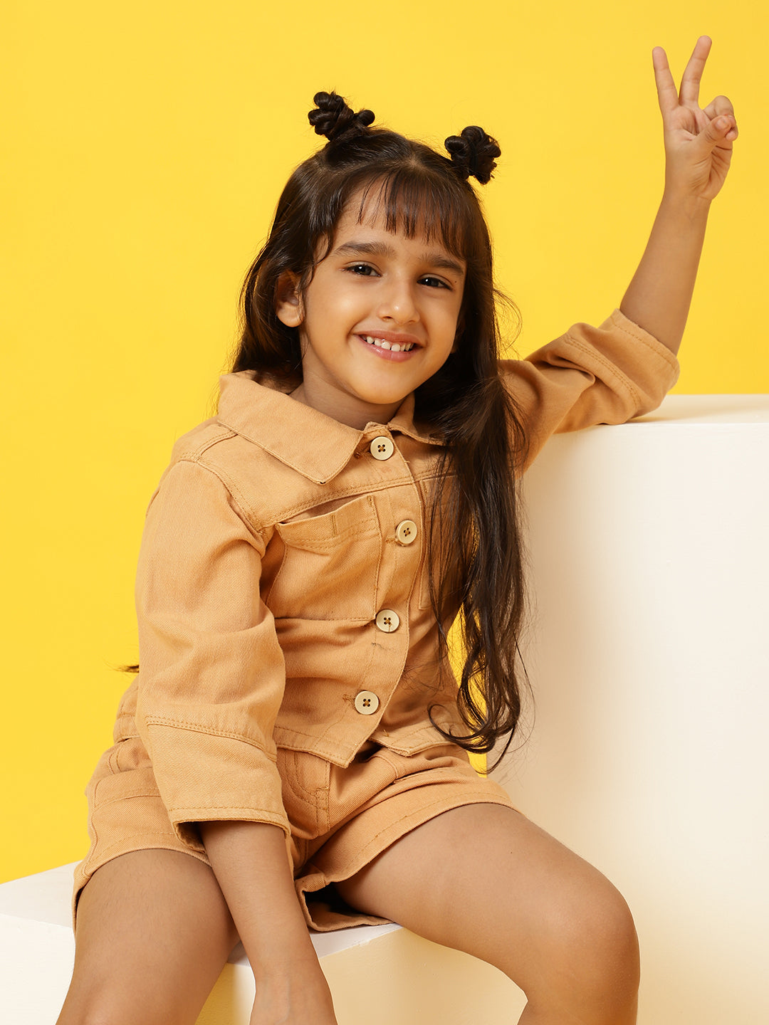 Girls Mustard Cotton Solid Co-ords Set