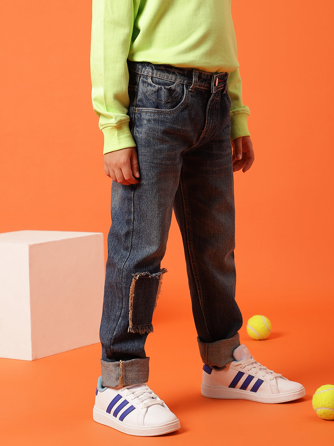 Boys Dark Blue Cotton Dad Fit Solid Jeans
