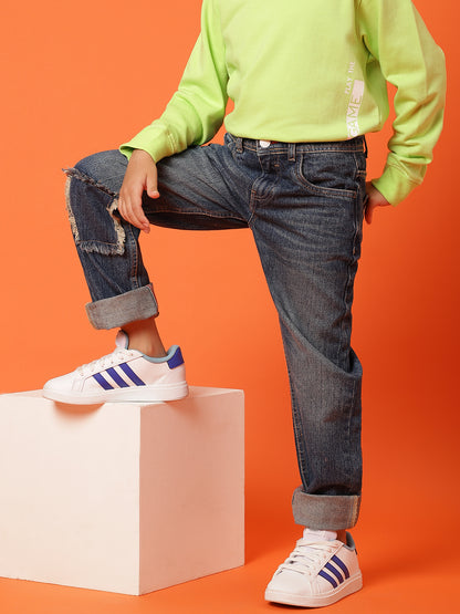 Boys Dark Blue Cotton Dad Fit Solid Jeans