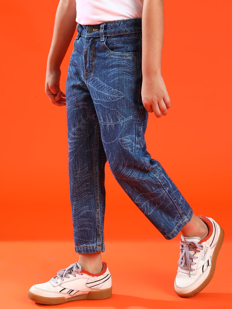 Boys Dark Blue Cotton Slim Fit Printed Jeans