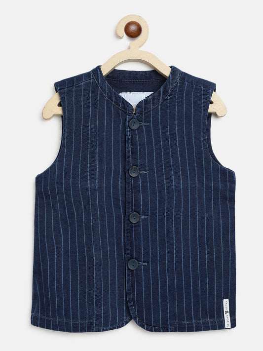 Boys Dark Blue Cotton Stripes Waist Coat