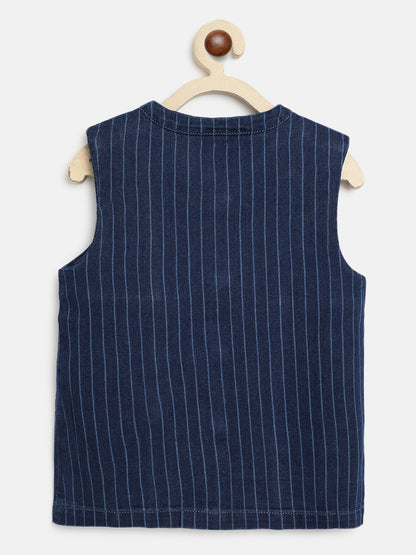 Boys Dark Blue Cotton Stripes Waist Coat