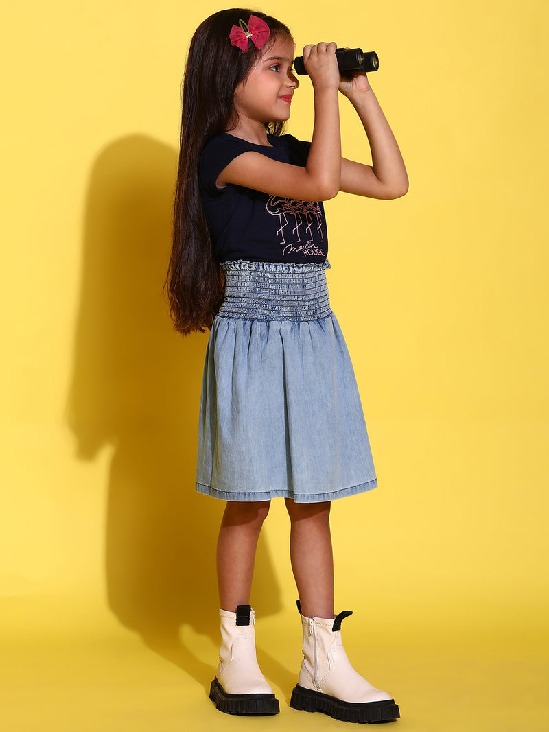 Girls Light Blue Cotton Regular Fit Solid Skirt