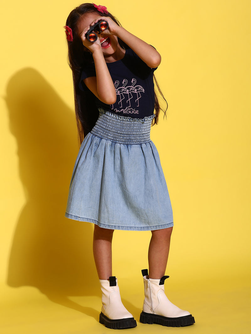 Girls Light Blue Cotton Regular Fit Solid Skirt