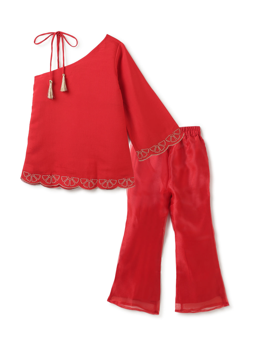Girls Red Ethnic One Shoulder Top & Pant Set