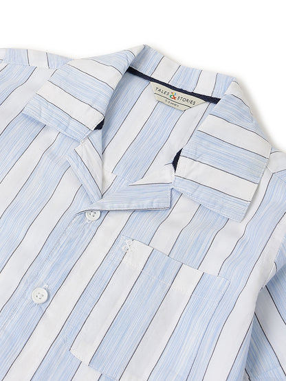 Boys Cotton Stripes Printed Blue Shirt With Light Blue Denim Washed Straight Fit Jeans