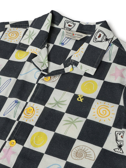 Boys Black Printed Shirt With White Trouser Clothing Set