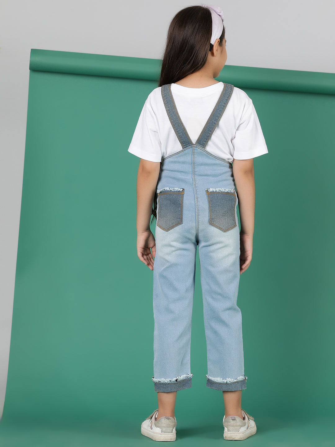 Girls Light Blue Washed Denim Dungarees
