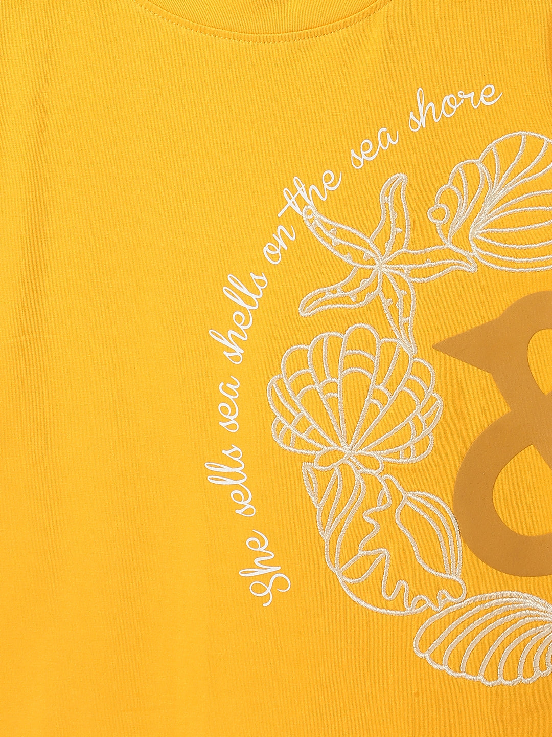 Girls Lycra Dark Yellow Embroidery T-Shirt