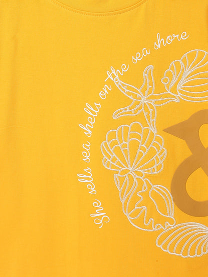 Girls Lycra Dark Yellow Embroidery T-Shirt