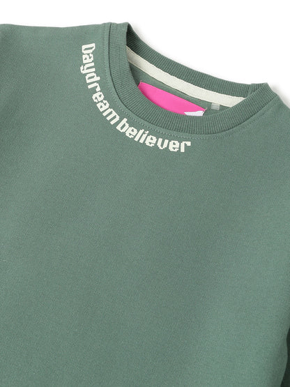 Girls Olive Cotton Printed Cropped Sweatshirt