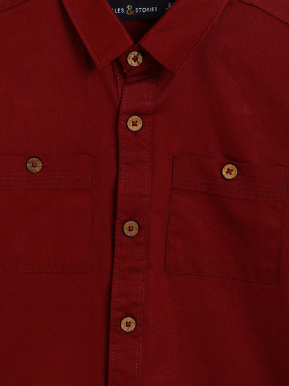 Boys Maroon Solid Cotton Shirt