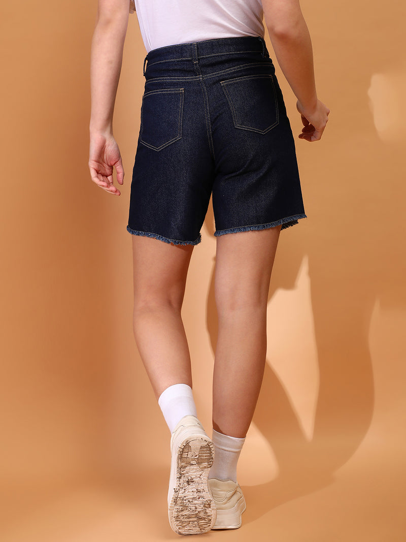 Women Denim Solid Dark Blue Shorts