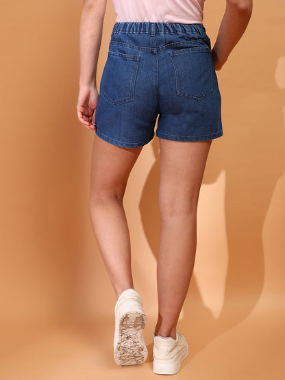 Women Denim solid Blue Shorts