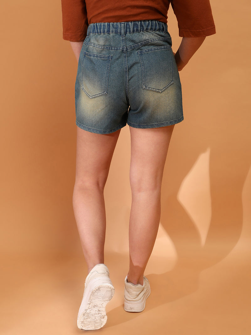 Women Denim solid Green Shorts