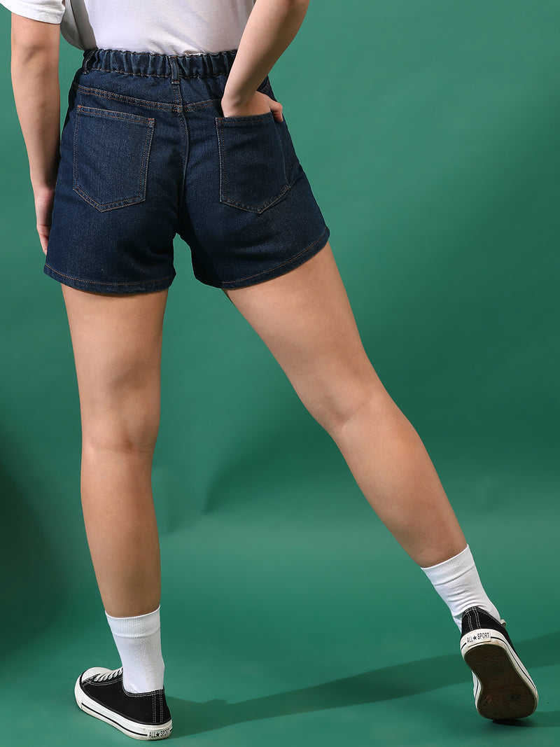 Women Denim Solid Rinse Blue Shorts