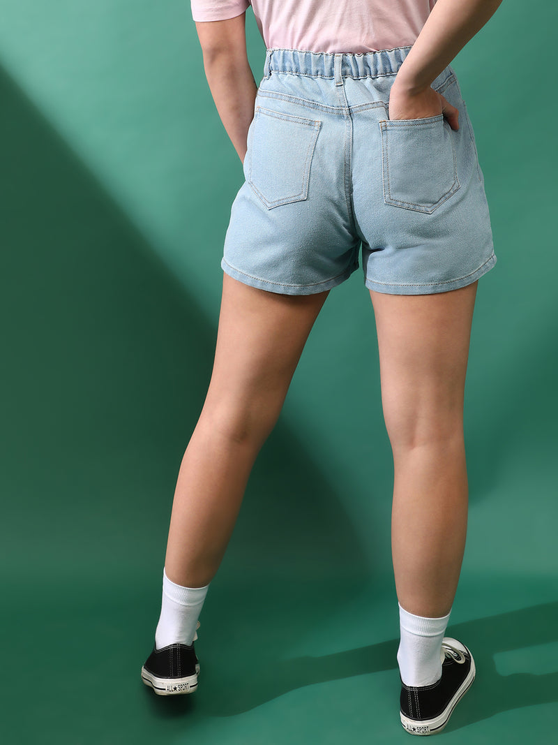 Women Denim solid Light Blue Shorts