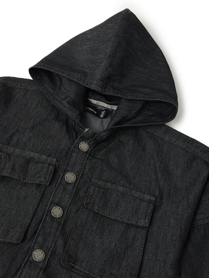 Boys Black Cotton Poly Hooded Shacket