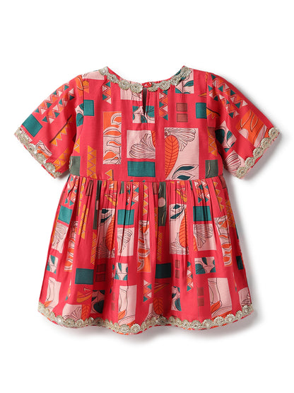 Girls Pink V-Neck Printed Ethnic Top & Sharara Ethnic Set