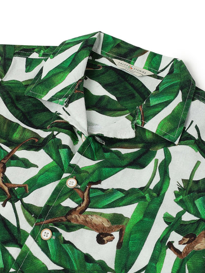 Boys Green Cotton Printed Shirt & Short Co ords Set