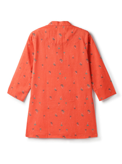 Boys Cotton Boys Orange Full Sleeve Floral Kurta Set